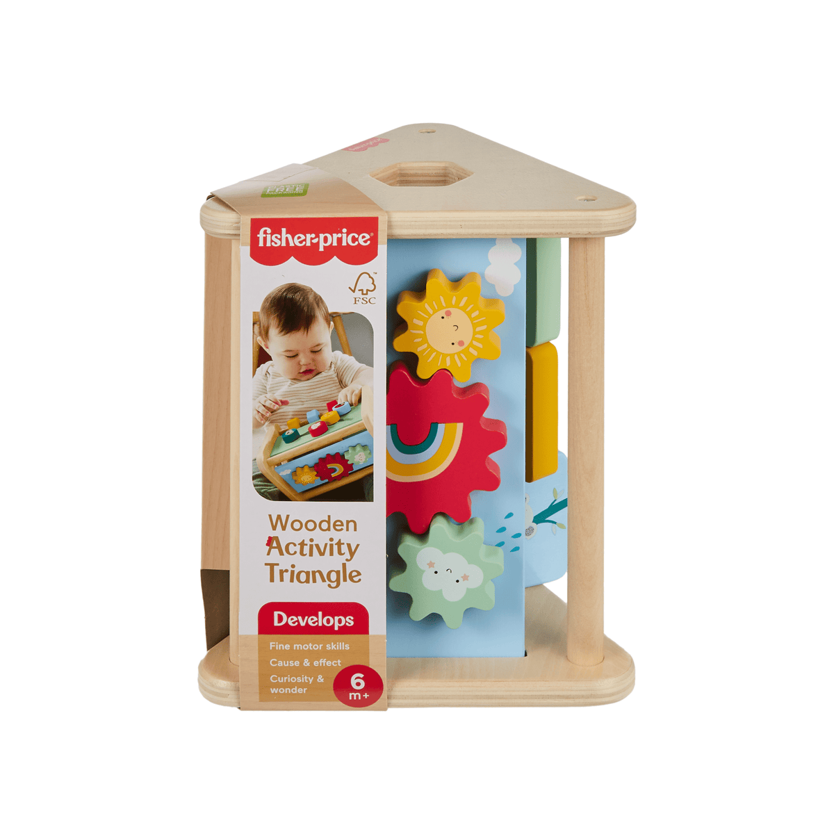 Fisher-Price Wooden Activity Triangle, 2-Sided Fine Motor Toy For Baby, 1 Wood Piece