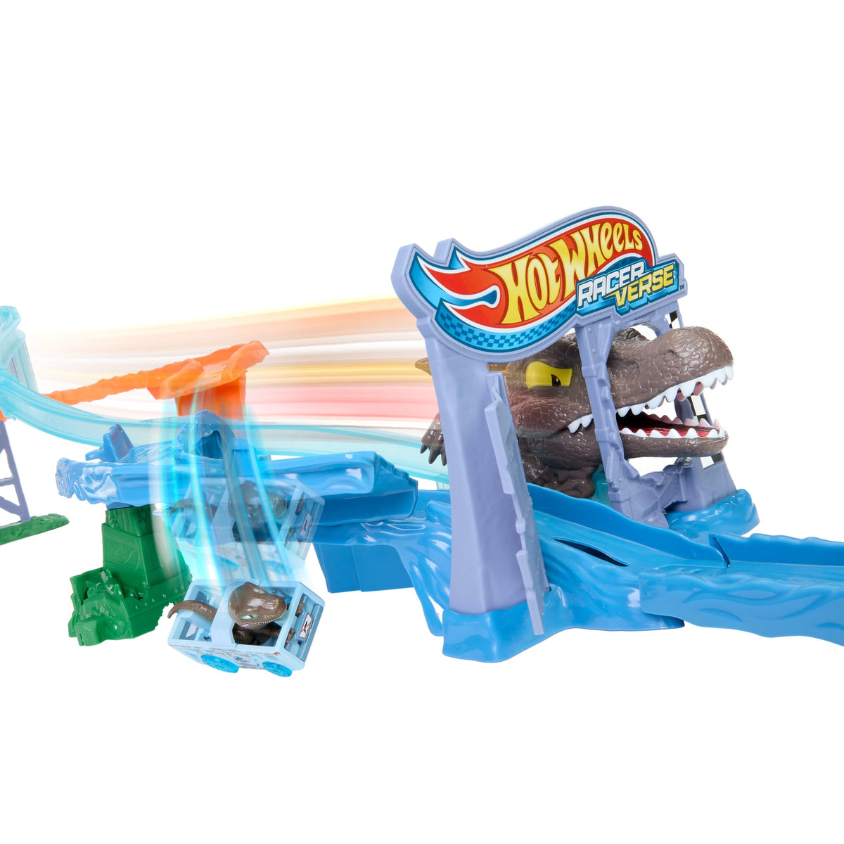 Hot Wheels Racerverse Jurassic World Crash & Splash Track Set & Die-Cast Dinosaur Toy Car