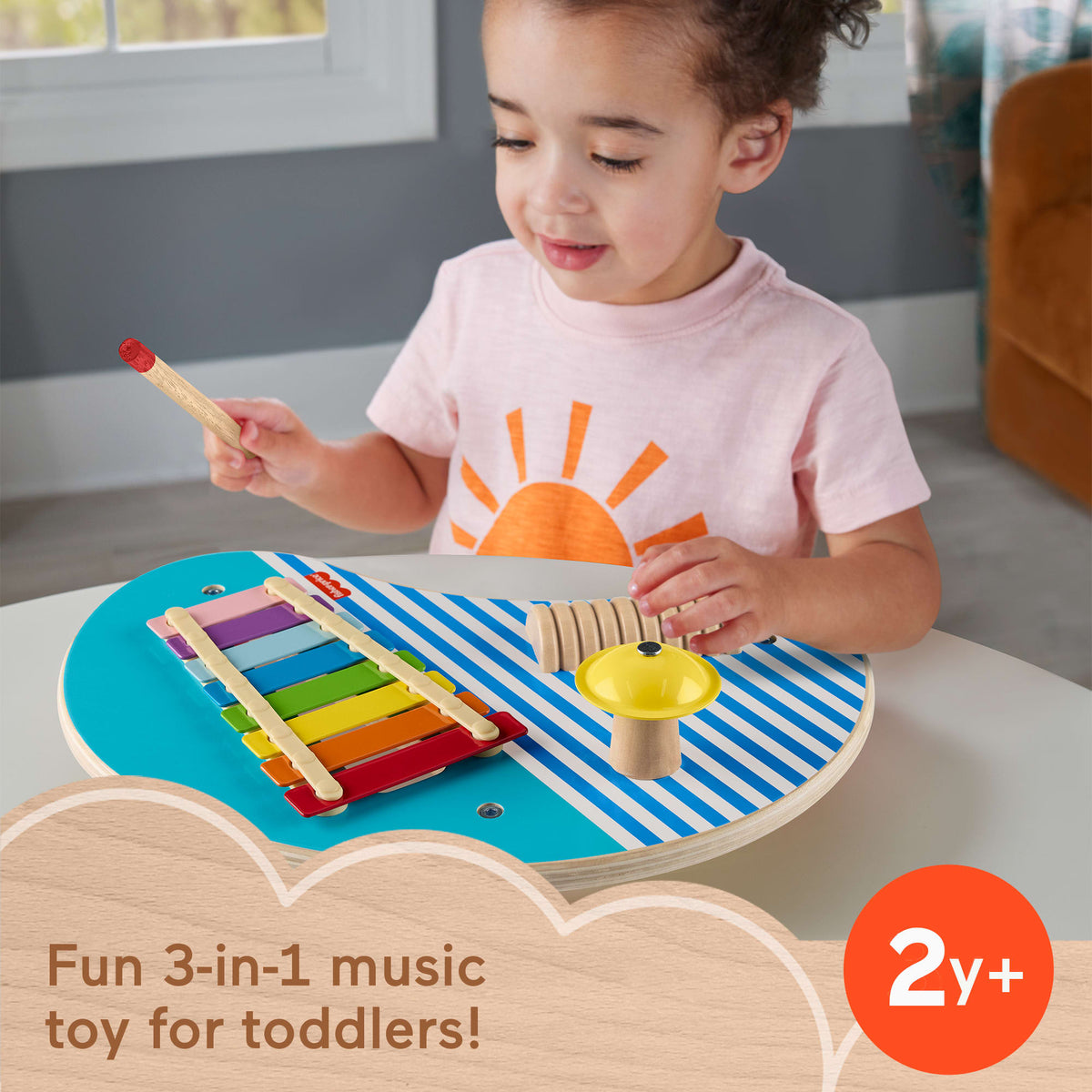 Fisher-Price Wooden Musical Table With Percussion instrument Toys, 3 Wood Pieces