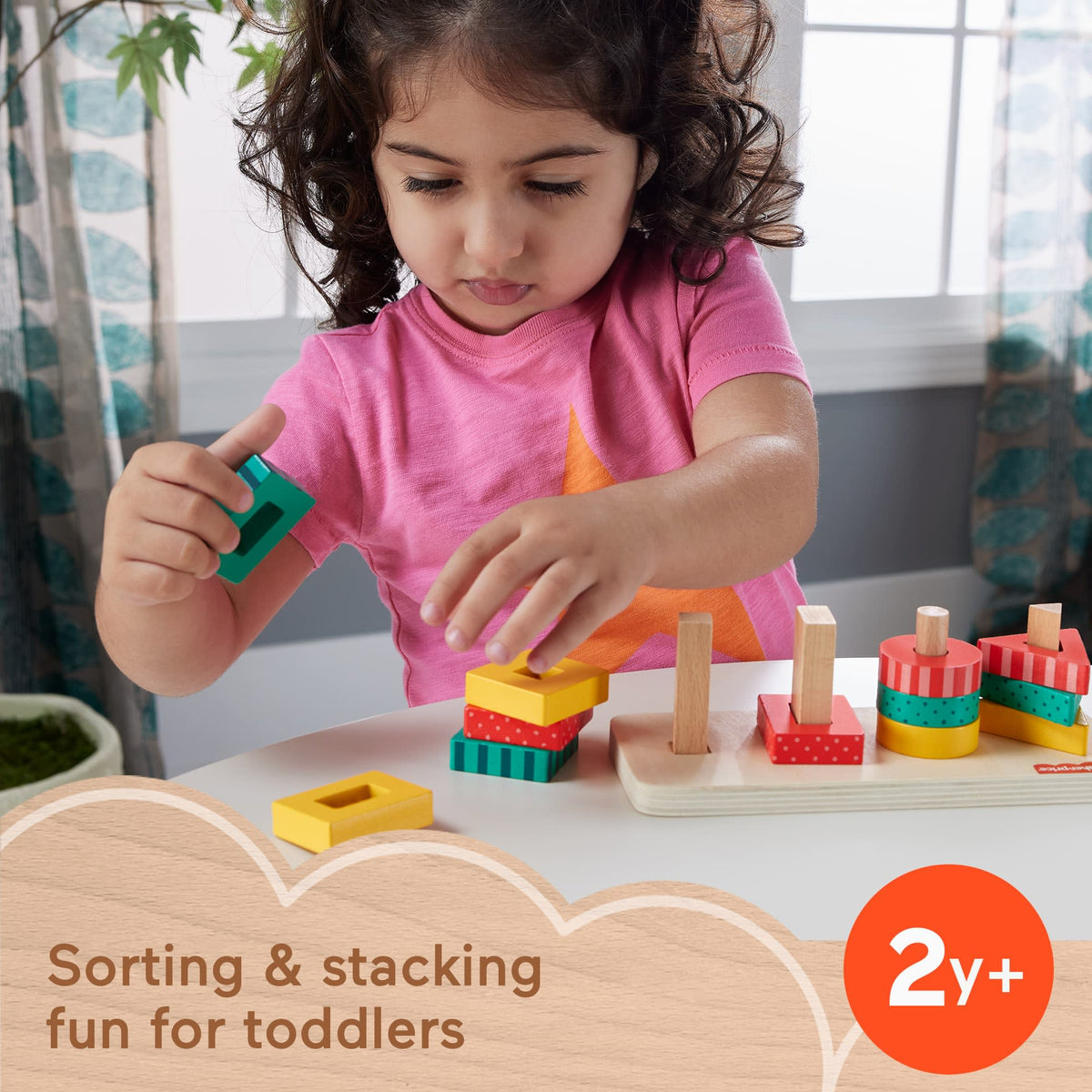 Fisher-Price Wood Toddler Toy Shape Stacker, 13-Piece Wooden Sorting Activity For Fine Motor Play Preschool Kids Ages 2+ Years