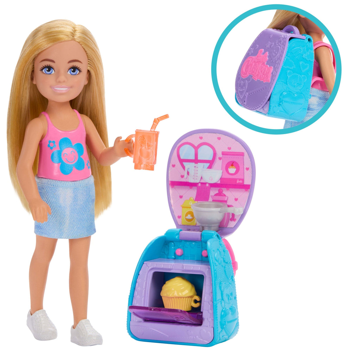 Barbie Set de Juego Chelsea Mochila para Hornear Cupcakes