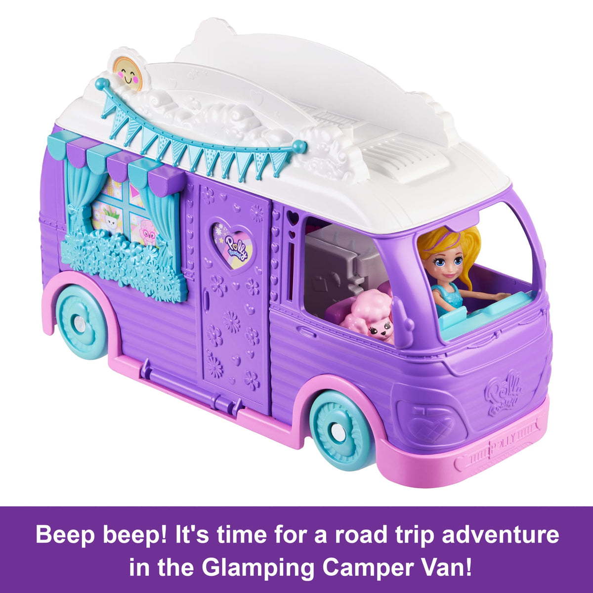 Polly Pocket Glamping Camper Van, Doll & Pet Playset, Camping & Food Accessories, Travel Toy