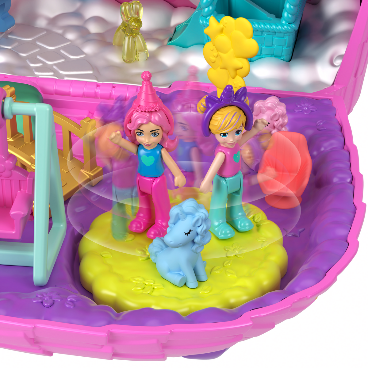 Polly Pocket Unicorn Partyland Playset With 2 Micro Dolls, Pets & 25+ Surprise Accessories, Birthday Celebration With Hot Air Balloon Ride