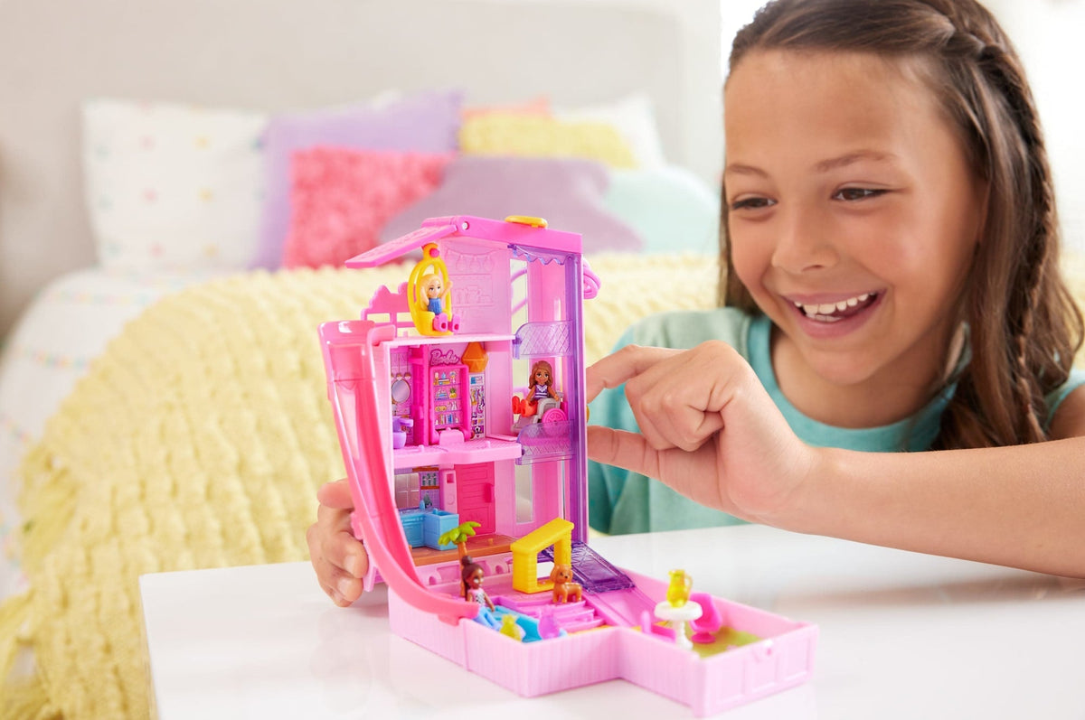 Polly Pocket Barbie Dreamhouse Compact, Dollhouse Playset With 3 Micro Dolls, 1 Pet & 11 Accessories