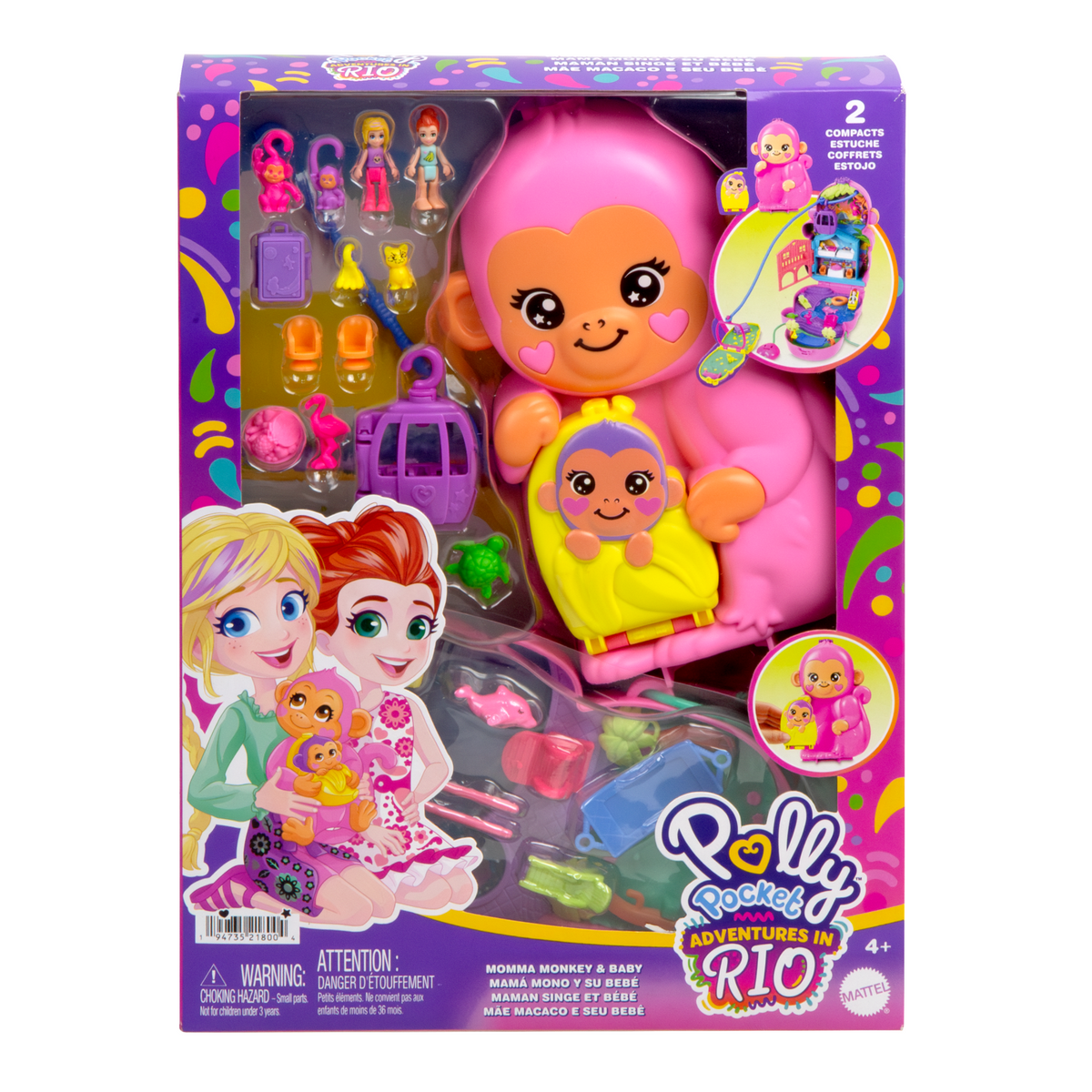 Polly Pocket Momma Monkey & Baby Playset With 2 Micro Dolls, Pets & 13 Accessories, 2-in-1 Purse & Toy