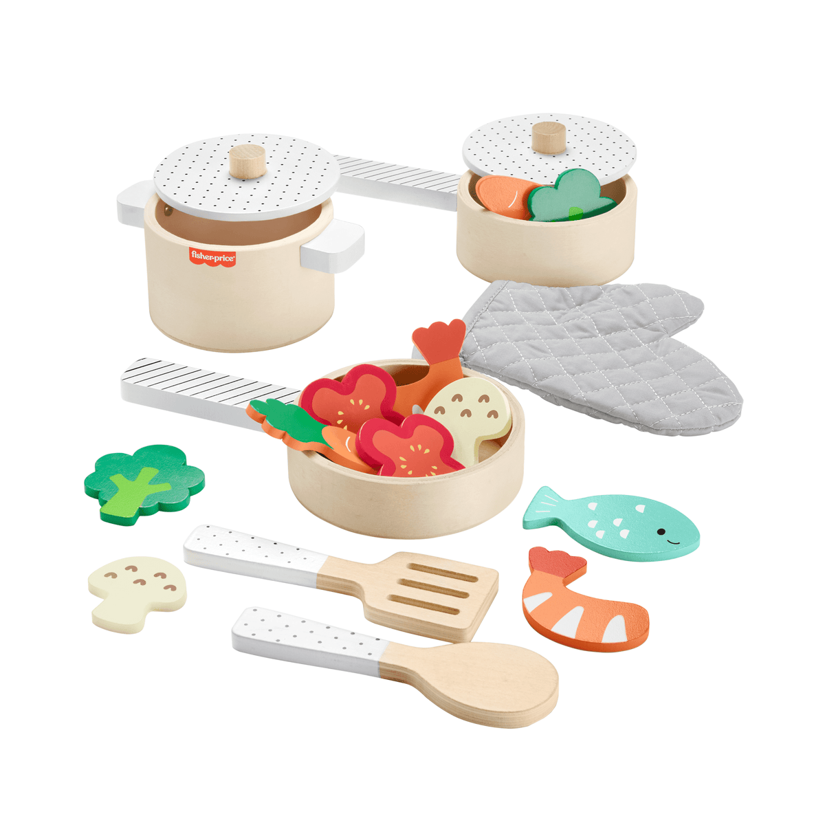 Fisher-Price Coffret Marmite et Casseroles en Bois, 19 Éléments