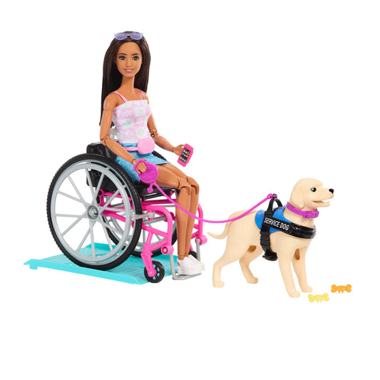 Barbie Doll & Service Dog Playset With Wheelchair, Ramp & Accessories, Brunette Fashion Doll